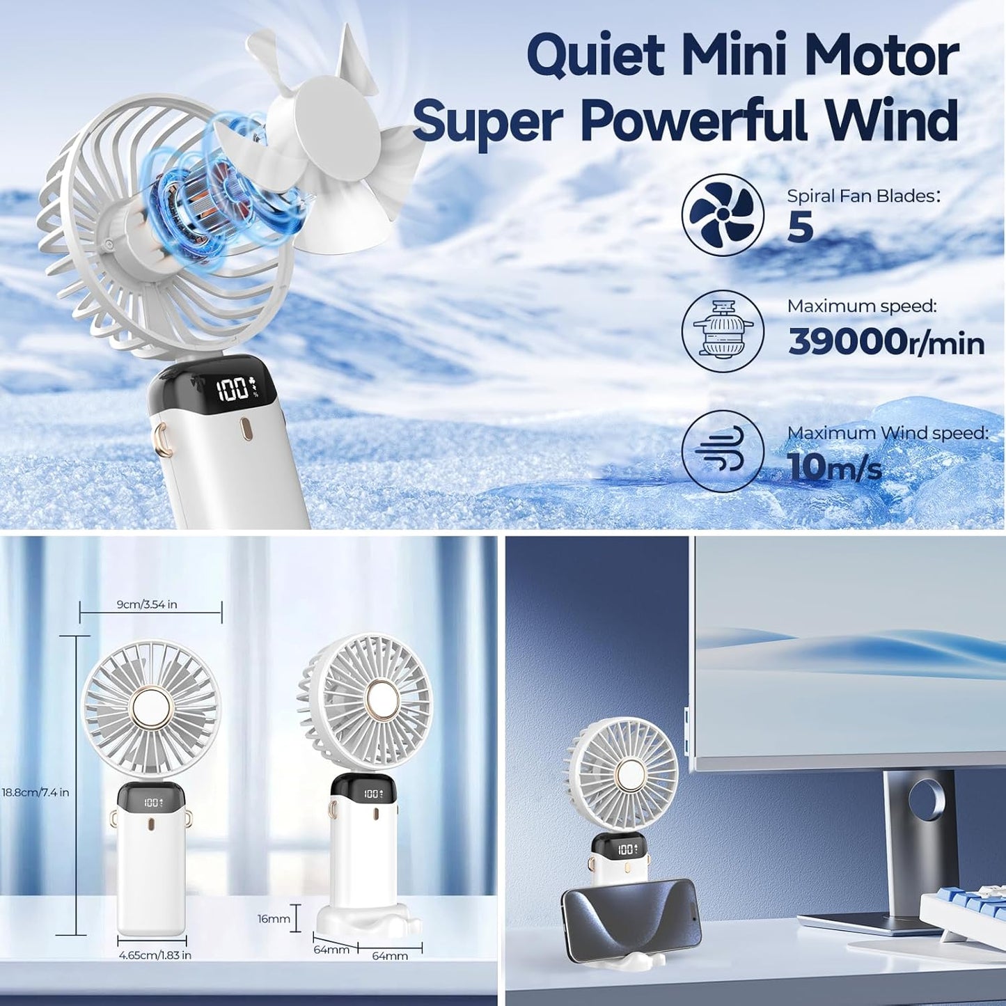 Portable Mini Fan 3000mAh – Foldable Neck Fan with 5 Speeds, USB Charging & Phone Stand