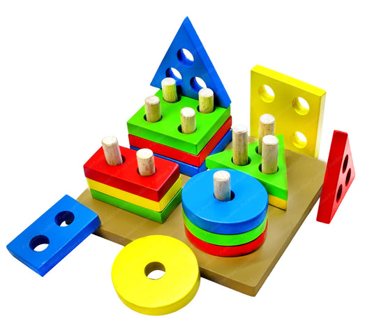 Wooden Geometric Shape Sorter Puzzle – Educational Four Column Matching Blocks Toy