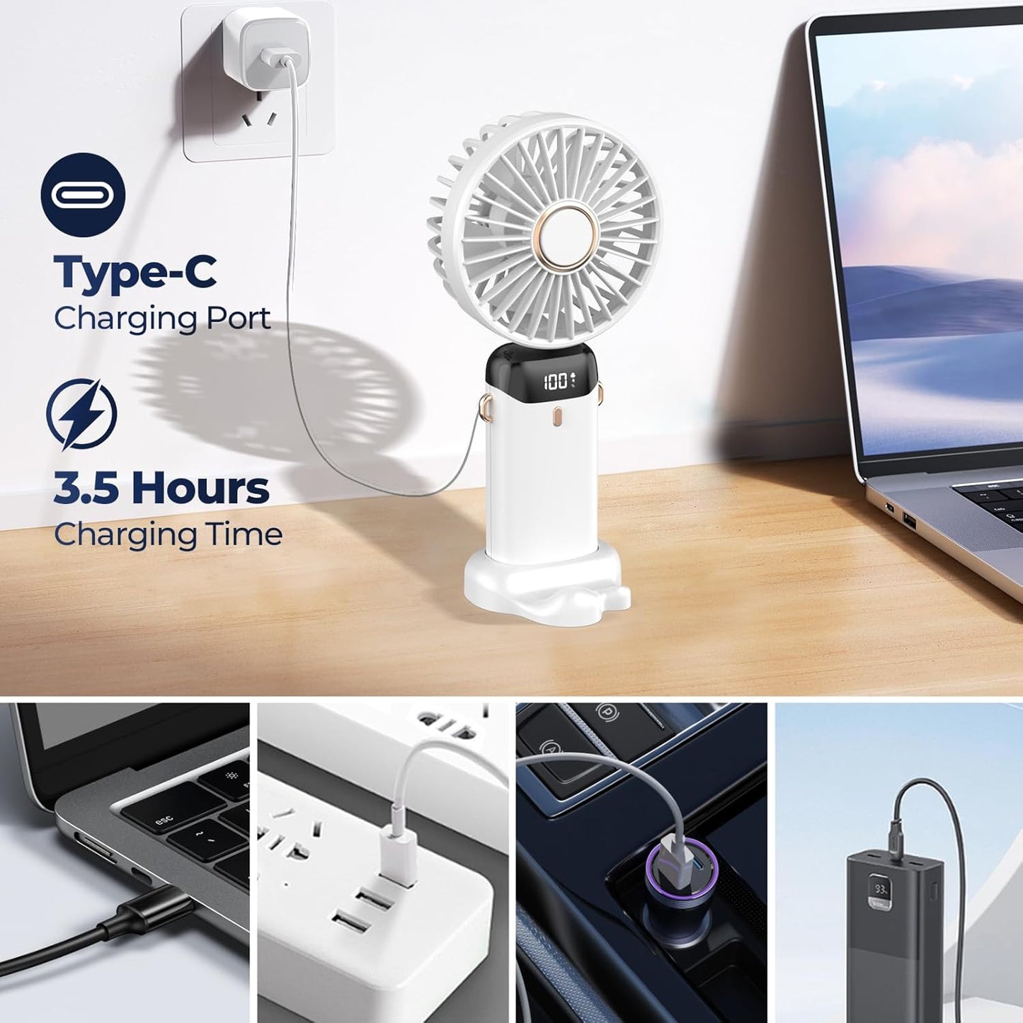 Portable Mini Fan 3000mAh – Foldable Neck Fan with 5 Speeds, USB Charging & Phone Stand
