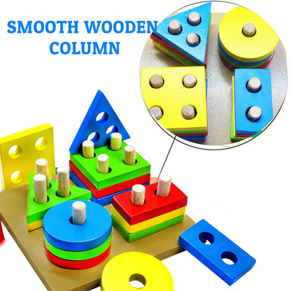 Wooden Geometric Shape Sorter Puzzle – Educational Four Column Matching Blocks Toy