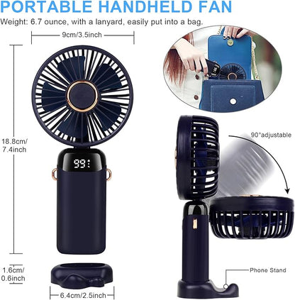 Portable Mini Fan 3000mAh – Foldable Neck Fan with 5 Speeds, USB Charging & Phone Stand