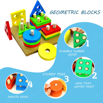 Wooden Geometric Shape Sorter Puzzle – Educational Four Column Matching Blocks Toy